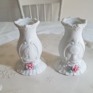 Set of 2 Beautiful Precious Moments Ceramic Candle Sticks Holder Boy Girl Enesco